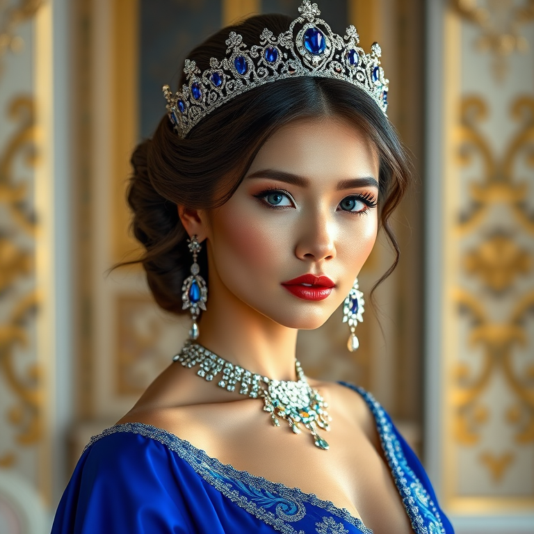 A gorgeous Kyrgyz woman in a luxurious blue gown, accessorized with a dazzling tiara and statement earrings, her deep blue eyes highlighted by impeccable makeup, poised in a royal setting, photorealistic, 8K quality
