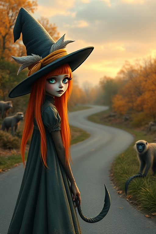 digital art fantasy depicting a strange girl with orange hair, long eyelashes, cyan lipstick and a tall hat walking along a winding road on an autumn afternoon, an Baboon smiles as she passes