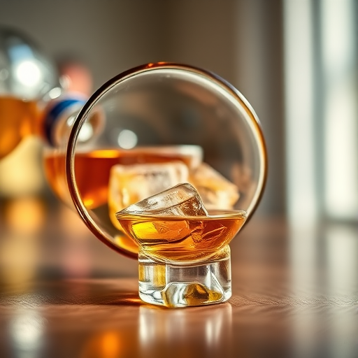 Close-up shot of a tipped glass spilling whiskey with ice cubes, low angle perspective, bright natural lighting, DSLR camera settings: f/4, ISO 100, 1/200 sec, soft focus background for enhanced depth of field.