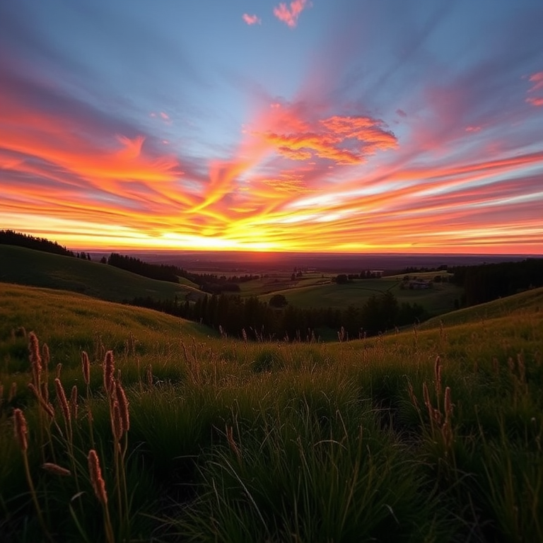 Create a high-resolution image of a serene landscape at sunset with vibrant colors in the sky, using a DSLR camera with a 50mm lens, aperture f/2.8, shutter speed 1/250s, ISO 100, in landscape orientation and a soft focus effect.