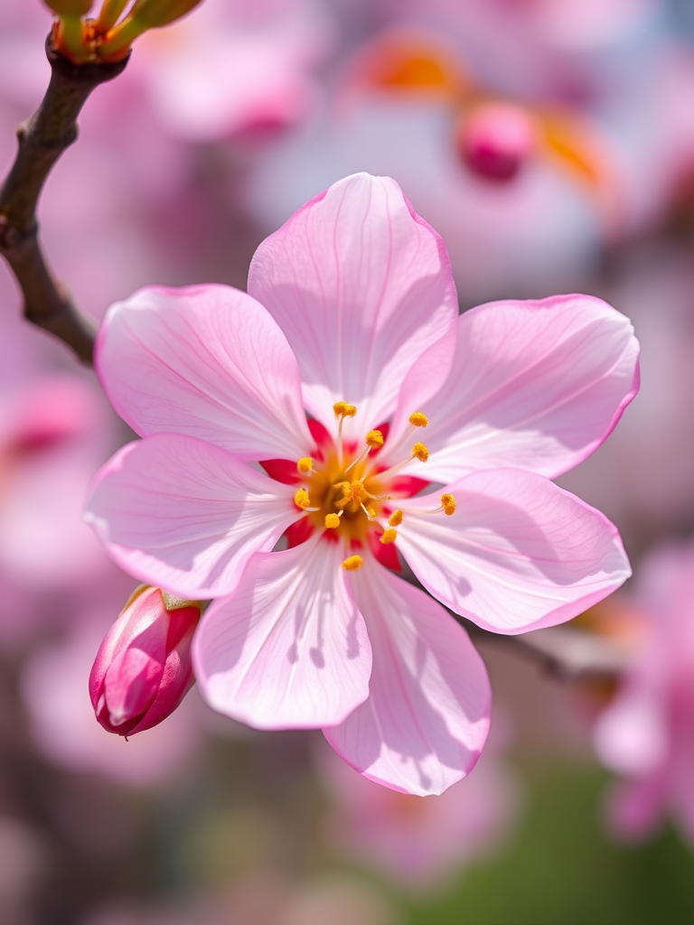 Generate a high-resolution image of a pink cherry blossom flower with five petals and yellow stamens, captured with a 50mm lens at f/1.8 aperture, ISO 100, in soft natural light, from a slightly above angle using a DSLR camera to enhance details and colors.