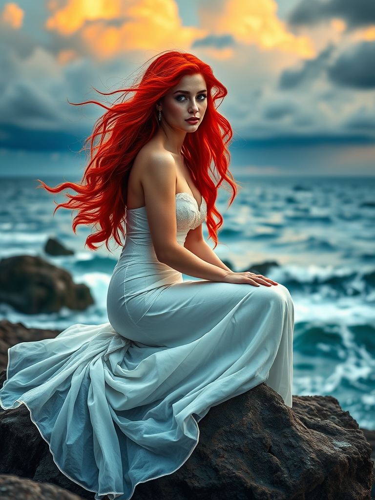 A serene mermaid with flowing red hair in a white gown sits on rocky cliffs by a turbulent sea, evening light illuminating stormy clouds in the background, shot with a DSLR camera at f/2.8 aperture, 1/125 shutter speed, 50mm lens, soft focus on the sea, high dynamic range for vibrant colors.