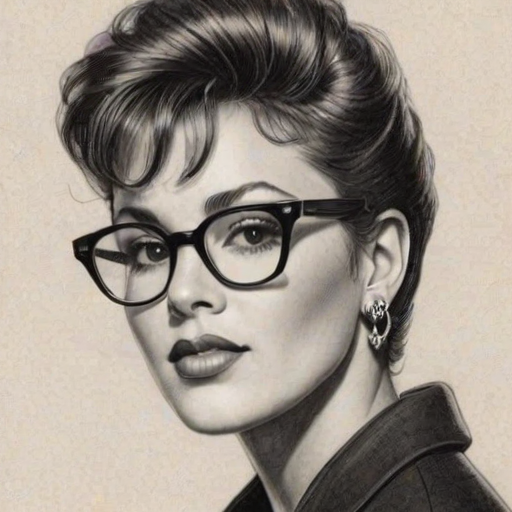Stunning Anita Baker, pencil sketch, portrait of Gorgeous woman 1950s in glasses, hair style beatnik, outline, clear lines, fine lines, 8k