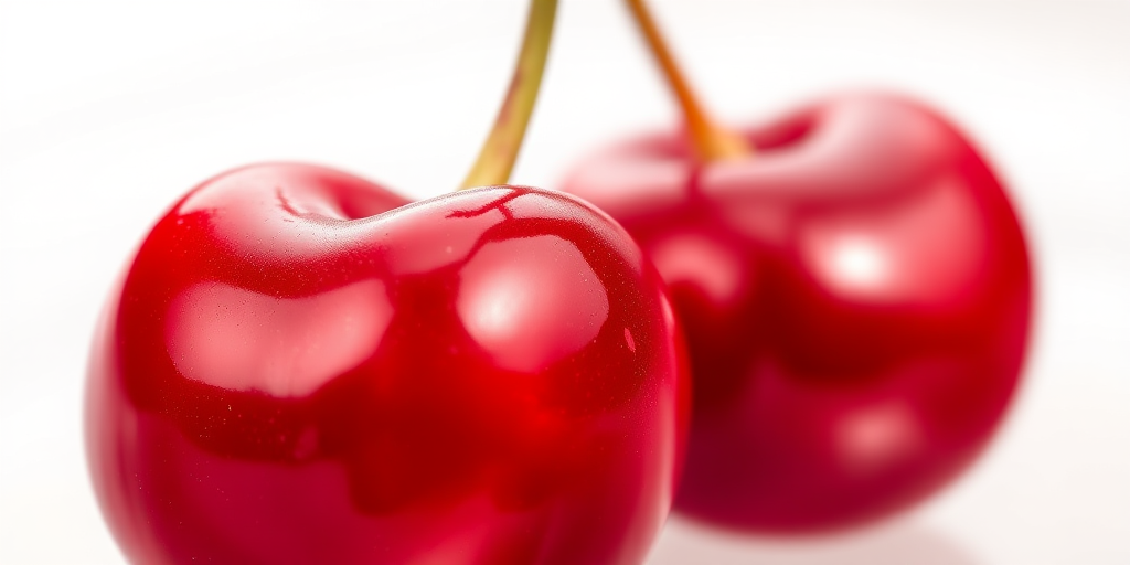 Create a high-resolution digital illustration of two glossy red cherries on a transparent background, with soft natural lighting, macro lens, f-stop 2.8, focal length 50mm, and a shallow depth of field for enhanced detail.