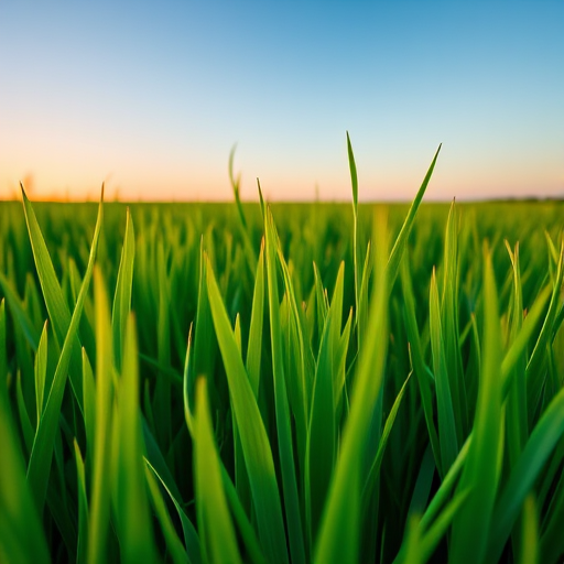 Create a vibrant, lush field of green grass with a clear blue sky in the background, shot with a Canon EOS 5D Mark IV, 50mm lens, aperture f/8, ISO 100, at sunset to enhance color saturation and depth.