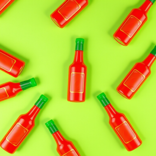 Create a vibrant repeating pattern of stylized red hot sauce bottles with green caps on a bright green background, using a high-resolution digital camera set to f/8 aperture, ISO 100, and a focal length of 50mm, captured from an overhead perspective in a flat lay style.