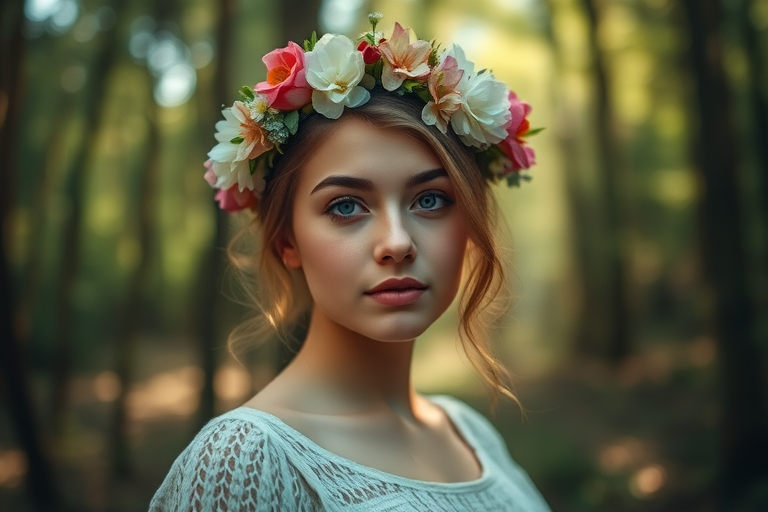 portrait of a young woman with a floral crown in a forest, soft natural lighting, shallow depth of field, 85mm lens, f/1.8, ISO 200, Canon EOS R5, vibrant colors, ethereal atmosphere, high resolution