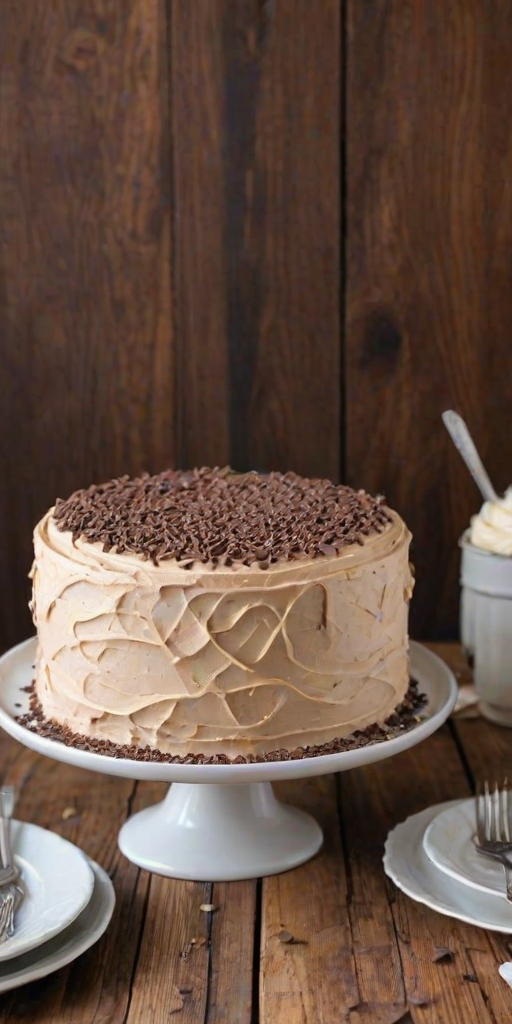 Create a photo of a round cake with a smooth beige frosting. The top is decorated with swirls of frosting and small chocolate sprinkles. The base of the cake has a ring of chocolate sprinkles. The cake is displayed on a white cake stand with a rustic wooden background.