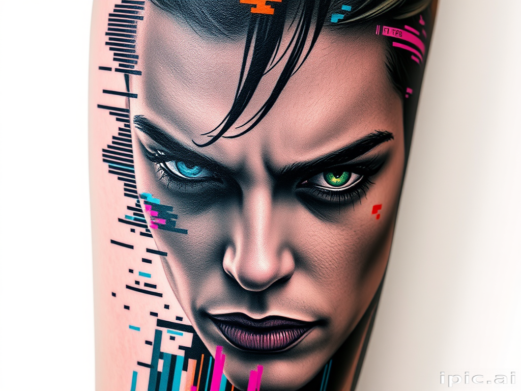 Edgy "Glitch Art Realism" tattoo approach combining hyper-realistic portraiture with intentional digital distortions and pixelation effects, using a palette of muted grays and pops of vivid RGB colors to create a striking contrast between the lifelike details and the surreal, tech-inspired glitches, resulting in a thought-provoking piece that blurs the line between traditional and digital art