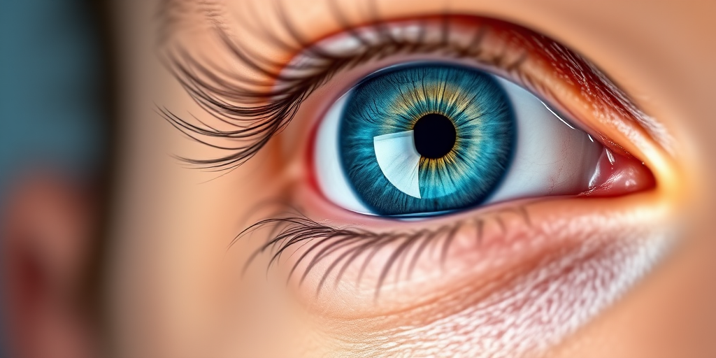 Create a high-resolution image of a realistic human eye with a vibrant blue iris, using a macro lens to highlight the details, shot at f/2.8 aperture with a 50mm lens, in a studio lighting setup for clarity and depth.