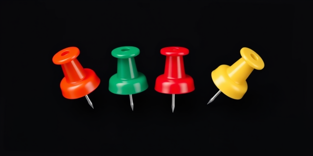 Create a high-resolution vector image of four colorful pushpins in a row, with a clean black background, using a professional DSLR camera with a 50mm lens, f/2.8 aperture, ISO 100, and 1/125 sec shutter speed for enhanced clarity and detail.