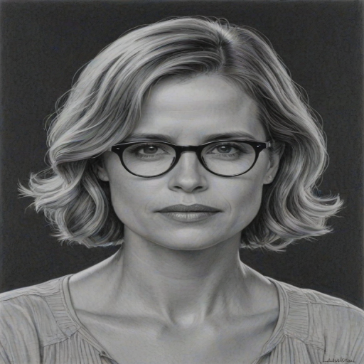 Enchanting Kim Dickens, pencil sketch, portrait of Wonderful woman 1931s in glasses, hair style beatnik, outline, clear lines, fine lines, 8k