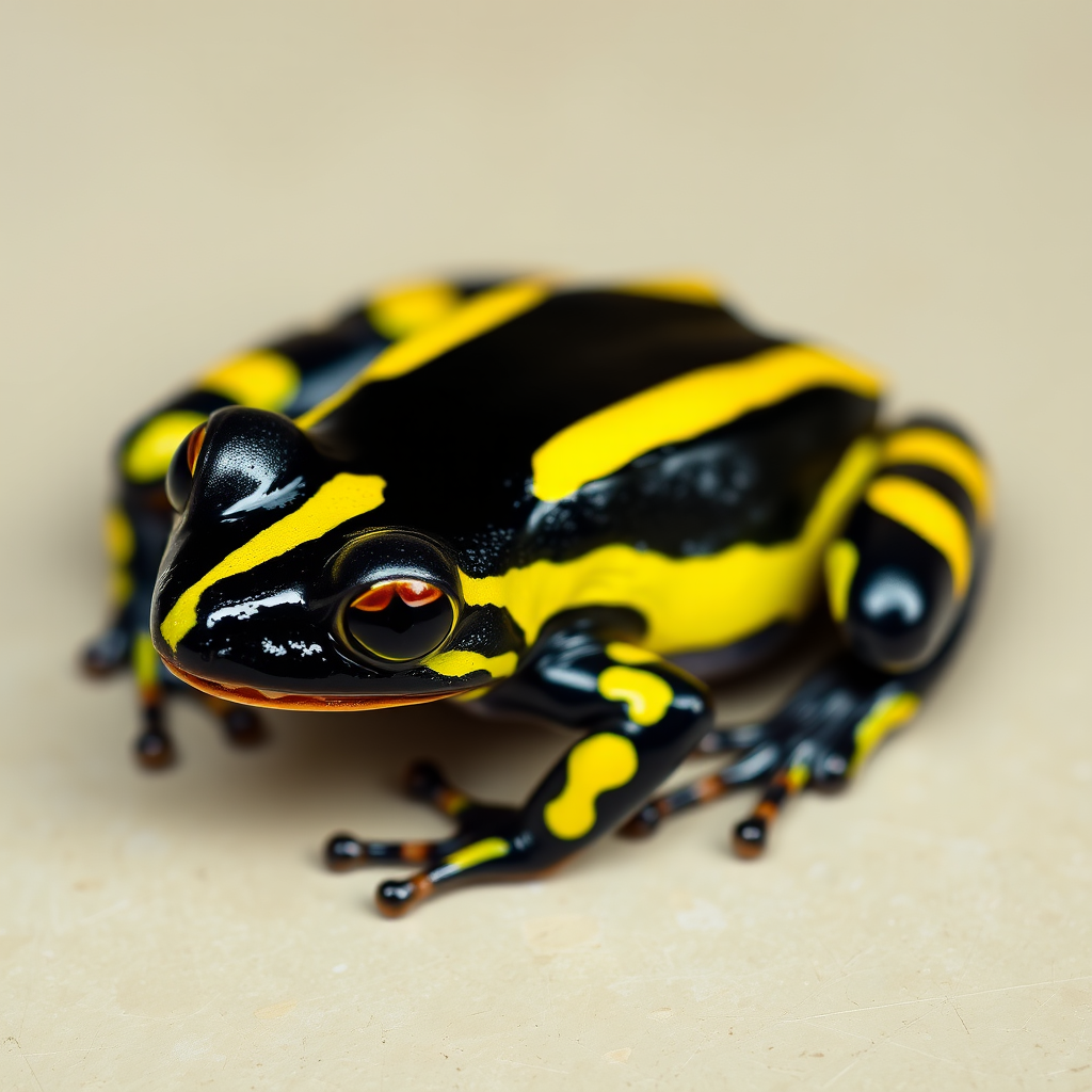 Generate an image of a close-up of a brightly colored frog with a glossy black body and striking yellow stripes. The frog should be positioned on a smooth surface, showcasing its intricate details and vibrant colors.