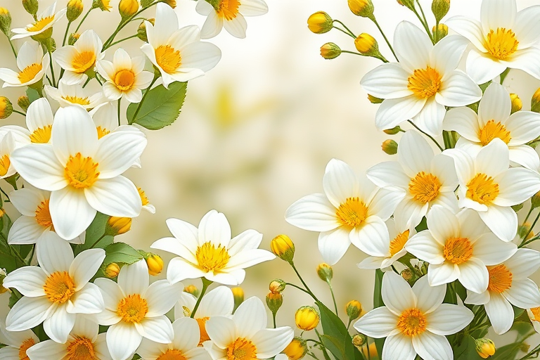 Create a high-resolution floral frame with white and yellow flowers, using a Canon EOS 5D Mark IV, 50mm f/1.8 lens, aperture set to f/2.8, ISO 100, shot from a straight-on perspective, soft natural lighting for an elegant finish.