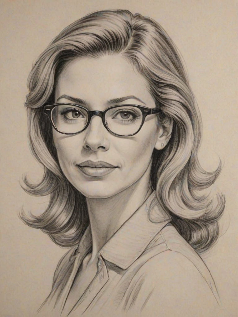 Comely Debbie Matenopoulos, pencil sketch, portrait of Delightful woman 1946s in glasses, hair style beatnik, outline, clear lines, fine lines, 8k