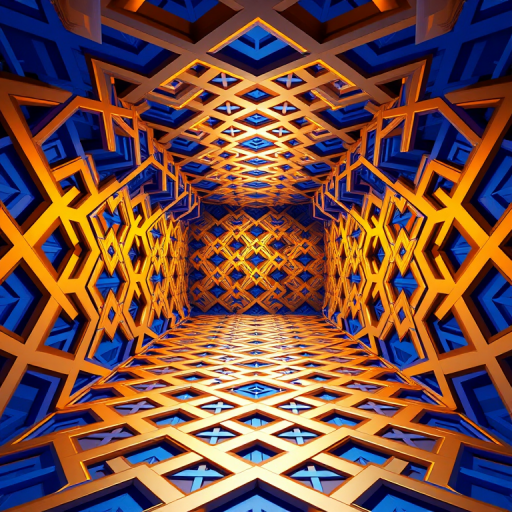 generate a 3D rendering of an intricate geometric room filled with blue and gold interlocking patterns, use a wide-angle lens, aperture f/8, ISO 100, and a 24mm focal length for enhanced depth of field and clarity