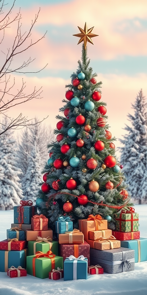 Create a vibrant winter scene featuring a beautifully decorated Christmas tree adorned with colorful ornaments and a star on top, surrounded by a variety of gift boxes in various sizes and colors, set against a pastel sky with snow-covered trees in the background, using a DSLR camera with f/2.8 aperture, ISO 100, 35mm focal length, and soft natural lighting to enhance image quality.