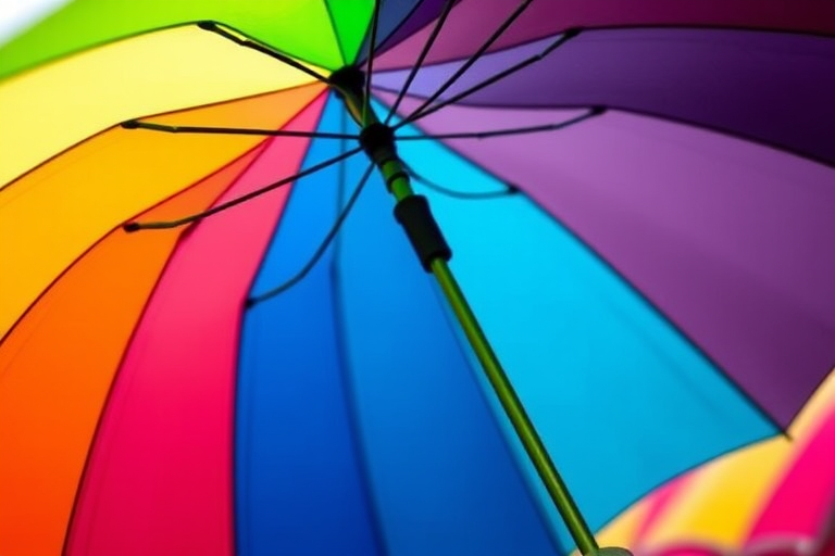 Create a colorful umbrella illustration with vibrant colors and sharp details, using a Canon EOS R5 with a 50mm f/1.2 lens at f/4, ISO 100, and a shallow depth of field to enhance clarity and focus on the umbrella against a soft blurred background.