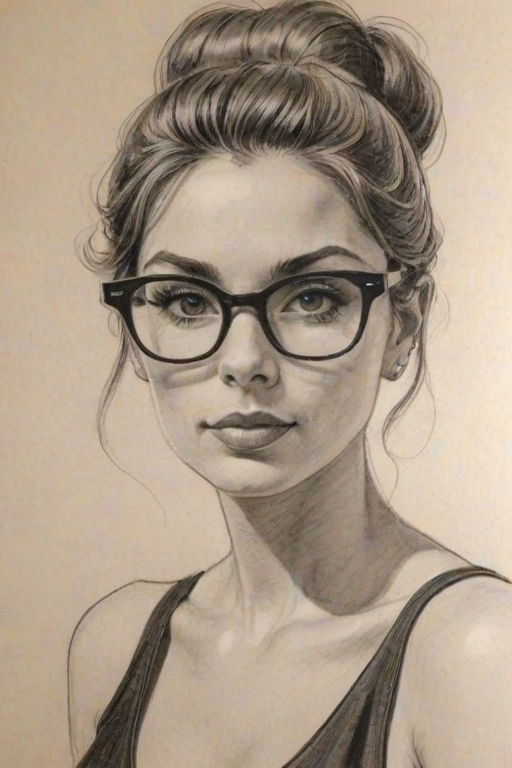 Comely Mariana Trevi'o, pencil sketch, portrait of Wonderful woman 1963s in glasses, hair style beatnik, outline, clear lines, fine lines, 8k