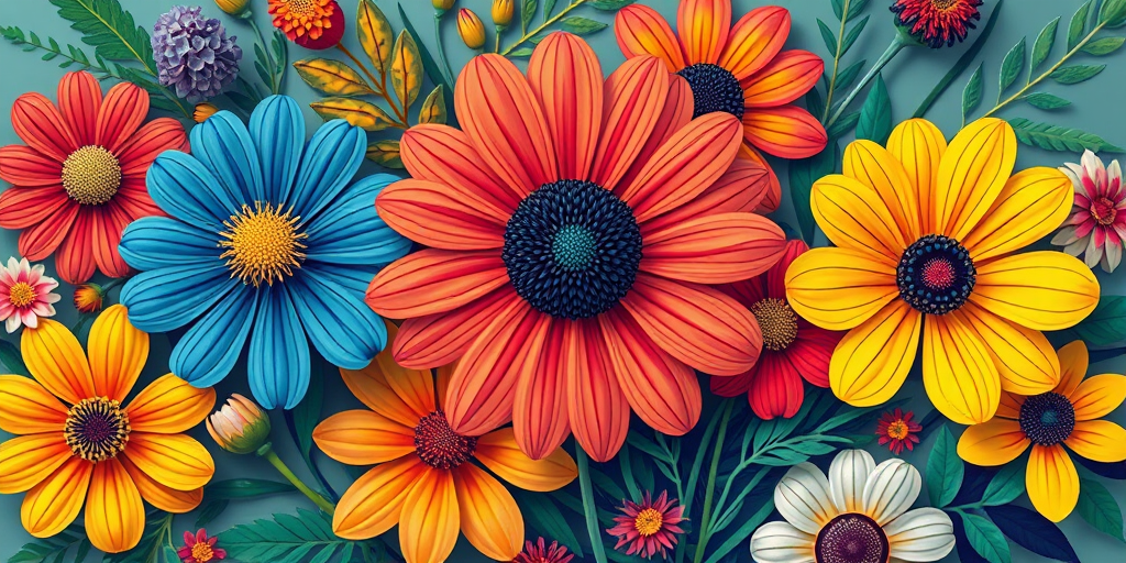 Create a vibrant illustration of stylized flowers with a mix of bold colors and patterns, using a DSLR camera with a 50mm lens, aperture f/8, ISO 100, capturing from a top-down view to enhance detail and depth, in high dynamic range for optimal color accuracy.
