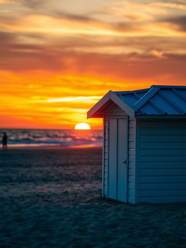 sunset at the beach with a white beach hut and blue roof, vibrant colors in the sky, shallow focus on the hut, Canon EOS R5, aperture f/8, ISO 100, 24mm lens, soft golden hour light, slight HDR effect