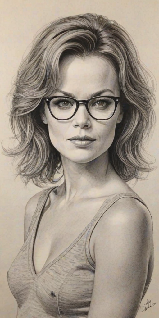 Alluring Dina Meyer, pencil sketch, portrait of Splendid woman 1978s in glasses, hair style beatnik, outline, clear lines, fine lines, 8k