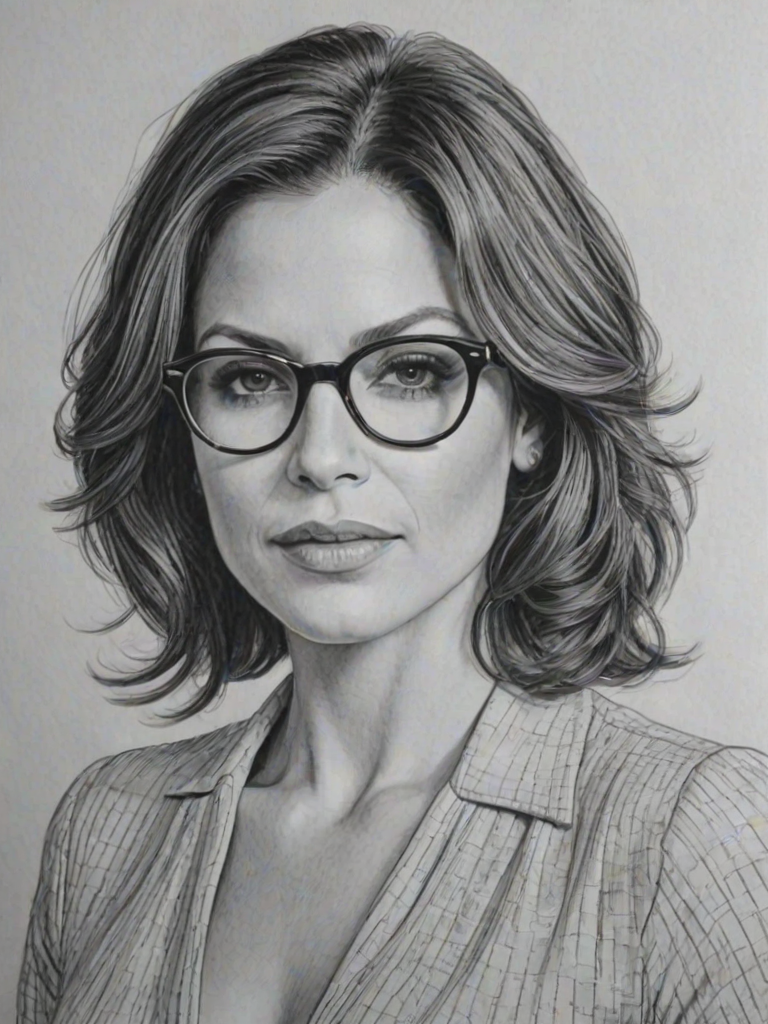 Radiant Lana Parrilla, pencil sketch, portrait of Superb woman 1975s in glasses, hair style beatnik, outline, clear lines, fine lines, 8k