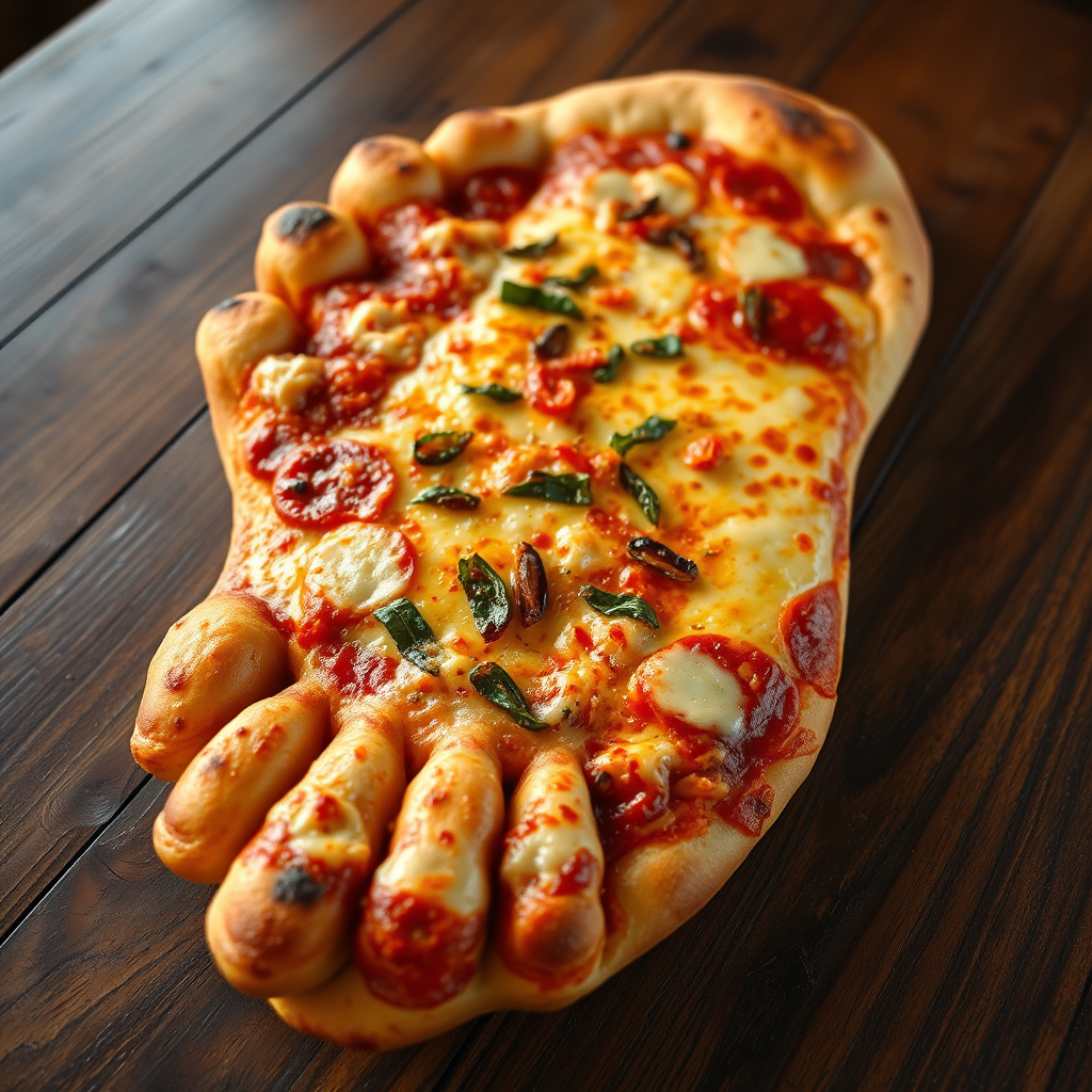 Pizza shaped like giant human foot. Golden-brown crust mimics skin texture and toenails. Tomato sauce and melted cheese cover 'sole'. Various toppings scattered realistically. Soft side lighting highlights textures. Served on rustic wooden table. Closeup view.
