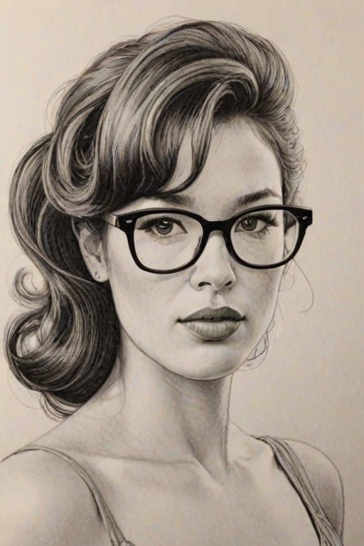 Magnificent Paz de la Huerta, pencil sketch, portrait of Stunning woman 1950s in glasses, hair style beatnik, outline, clear lines, fine lines, 8k