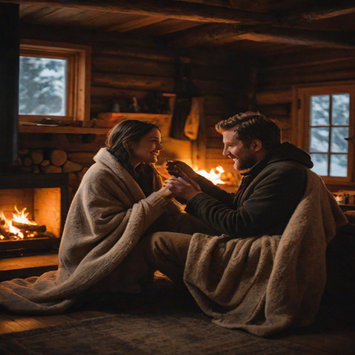 Low-light, intimate photo of a couple sitting by a fireplace in a rustic cabin, soft orange glow illuminating their faces, a warm blanket draped over their legs, soft crackling of the fire filling the air, snow gently falling outside the window behind them.