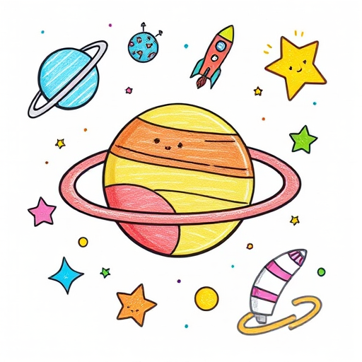 Create a vibrant illustration of colorful hand-drawn space elements including a planet with rings, a rocket, a satellite, a star, an alien spacecraft, and a dotted planet, using a high-resolution digital camera with a macro lens, at f/2.8 aperture, ISO 100, and a slight bokeh effect for a whimsical, cartoon style.