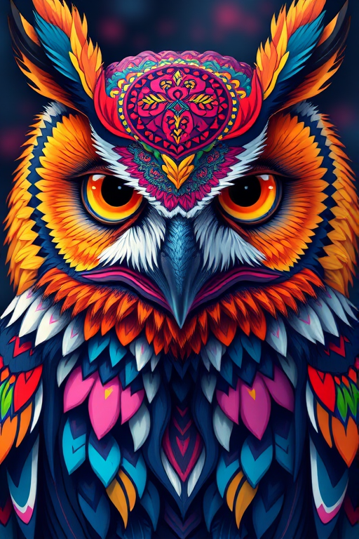 Create a vibrant, colorful illustration of an owl with intricate patterns and bold colors, shot from a close-up perspective using a DSLR camera at f/2.8, ISO 100, 1/60s shutter speed, with a shallow depth of field to enhance the details and richness of the texture.