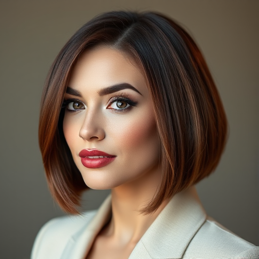 Sophisticated executive sporting a sleek, chin-length blunt cut bob in a rich mahogany hue with subtle cinnamon highlights