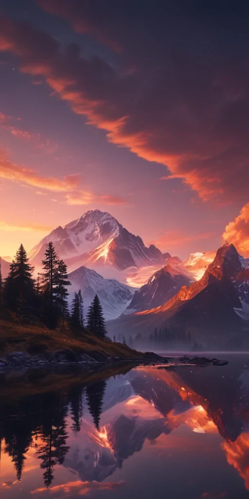 Stunning Sunset Over Majestic Mountains Reflected in Serene Lake Waters