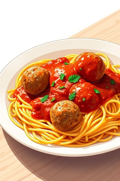 Create a highly detailed illustration of a plate of spaghetti with meatballs and sauce, captured from a slightly overhead angle using a DSLR camera at f/2.8 aperture, ISO 100, 50mm lens, in a bright, natural light setting to enhance texture and color.