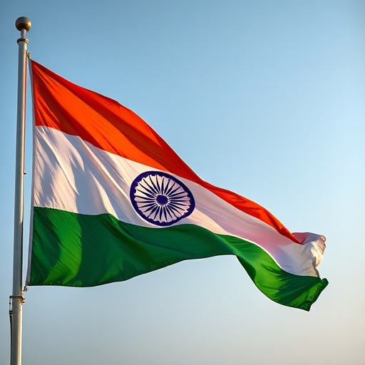 Generate a high-resolution image of the Indian flag waving in the wind, using a DSLR camera with a 50mm lens, aperture set to f/1.8, shutter speed at 1/2000 sec, ISO 100, captured from a low angle to emphasize movement and texture.