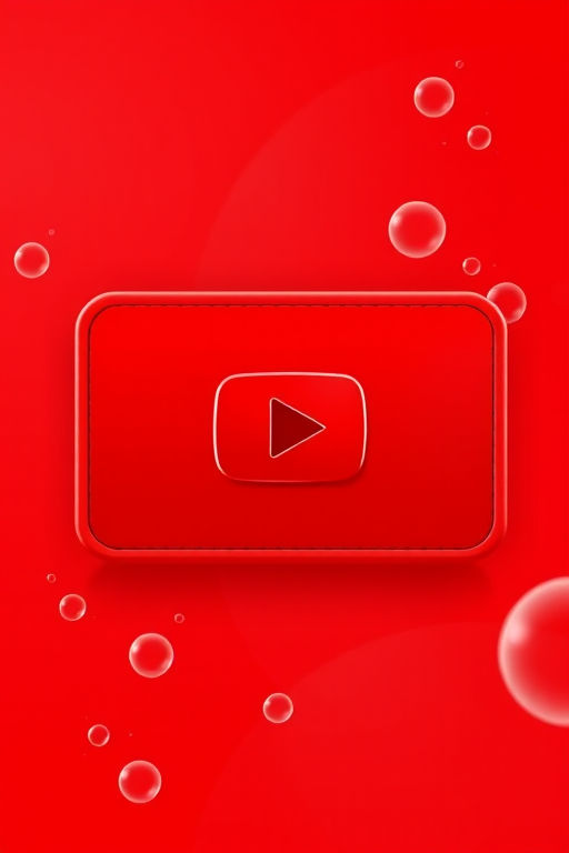 Generate a vibrant red background featuring a stylized YouTube video player with rounded edges, a prominent red play button in the center, soft bubble shapes in various opacities around the edges, camera settings: ISO 100, f/2.8, shutter speed 1/60s, camera view: front view, camera style: digital illustration, camera type: vector graphic design.