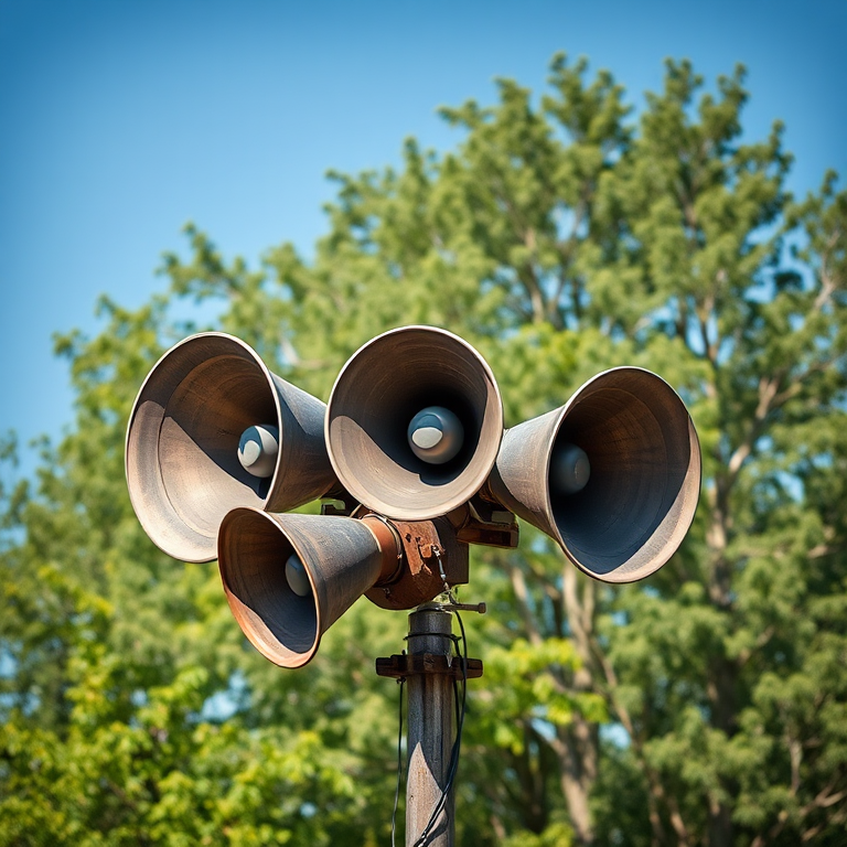 Regenerate an image of four large vintage loudspeakers mounted on a metallic pole in a natural setting with lush green trees in the background, captured with a DSLR camera at f/4, 1/200s shutter speed, ISO 100, wide-angle lens, natural lighting, and a slight vignette effect for enhanced depth.