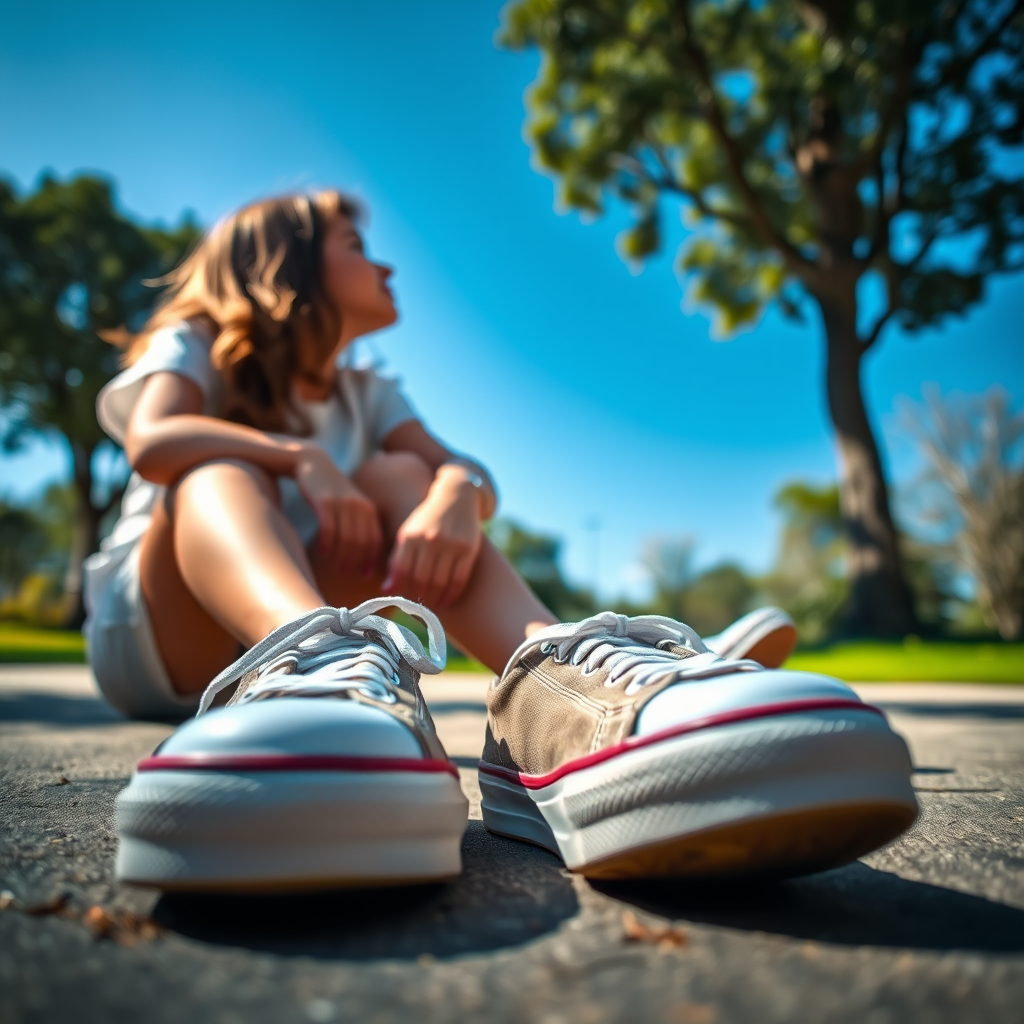Generate an ultra-realistic, highly detailed, high-definition photograph. It's a photo of a girl sitting on the floor. She's looking at the horizon. The photo is taken from the bottom up, at ground level. The girl's sneakers are in the foreground, in the center of the scene. The girl is wearing light clothes, a t-shirt and short shorts. The sky is blue. Bright environment. The background is a blurred image of a park.
