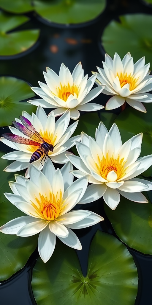 Create a high-resolution illustration of white water lilies with yellow centers and green lily pads, incorporating a vibrant purple dragonfly perched nearby, using a macro lens with an aperture of f/2.8 for shallow depth of field, captured from a low angle to enhance the details of the flowers and dragonfly, using a DSLR camera with vivid color settings.