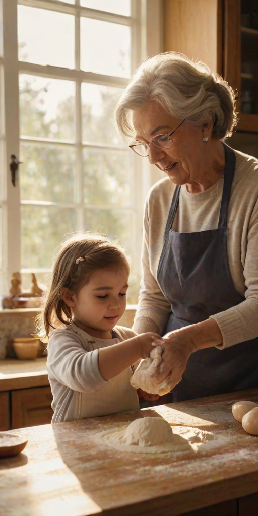 Warm, softly lit image of a grandmother teaching her granddaughter how to bake, flour-covered hands working dough on a wooden countertop, with soft sunlight streaming through a kitchen window.