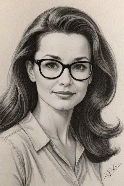 Alluring Kristin Davis, pencil sketch, portrait of Graceful woman 1963s in glasses, hair style beatnik, outline, clear lines, fine lines, 8k