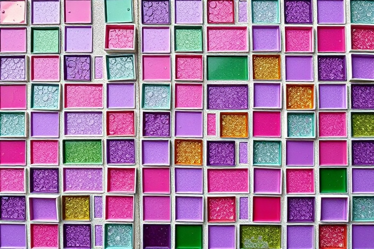 Create a colorful mosaic tile pattern with vibrant squares in shades of purple, pink, green, and gold, captured with a Canon EOS R5, 50mm lens, f/2.8 aperture, ISO 100, 1/125 sec, top-down view, high-resolution to enhance image quality.