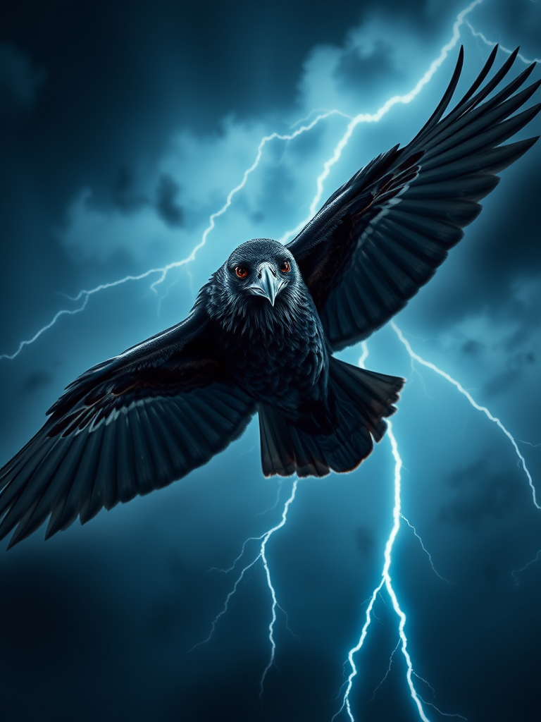 A majestic raven soaring through a stormy sky with lightning illuminating the background, capturing intricate feathers and intense gaze, shot with a Canon EOS R5, 50mm lens, f/1.8, ISO 200, shutter speed 1/250s, in dramatic low angle view with high dynamic range for enhanced contrast and color saturation.