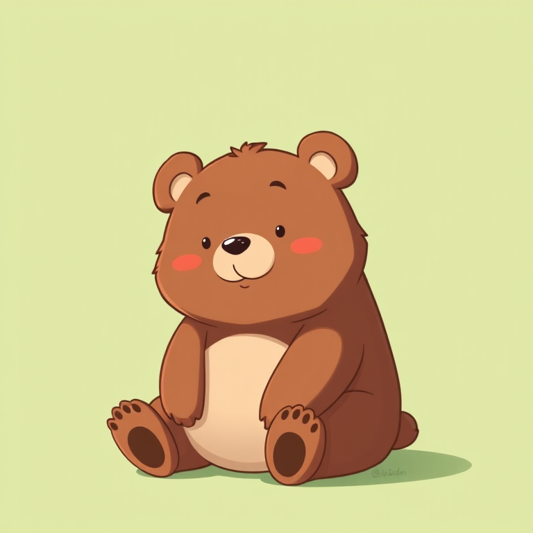 Create an illustration of a cartoon bear sitting down with a light green background, using a digital art style, DSLR camera settings, f/8 aperture, ISO 100, 50mm lens, and a soft focus effect for a playful ambiance.