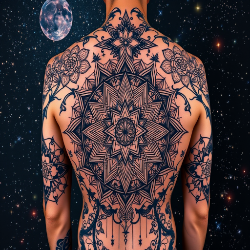 Cosmic sacred geometry tattoo incorporating intricate mandalas and fractal patterns, blending seamlessly with a starry night sky backdrop for a mesmerizing full-back masterpiece