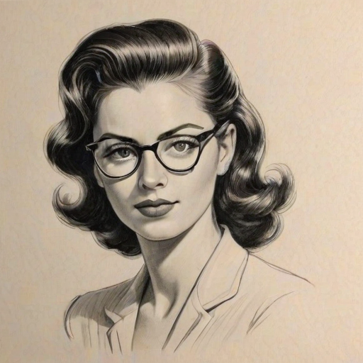 Enticing Erica Cerra, pencil sketch, portrait of Exquisite woman 1946s in glasses, hair style beatnik, outline, clear lines, fine lines, 8k