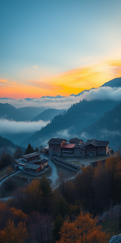 generate a scenic landscape of a mountain village at sunset with warm golden tones, using a Canon EOS R5, f/8 aperture, 1/200 sec shutter speed, ISO 100, captured from a viewpoint above the village to highlight the mist and terrain depth.