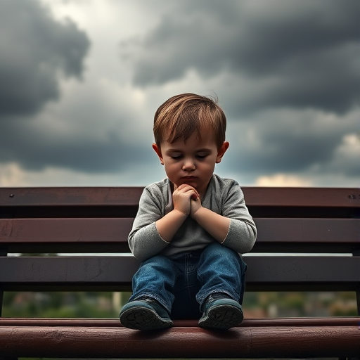 Capture a somber child with head in hands sitting on a bench, dramatic cloudy sky in the background, using a DSLR camera with a 50mm lens, aperture f/2.8, ISO 200, shutter speed 1/200s, natural light for enhanced detail and contrast.