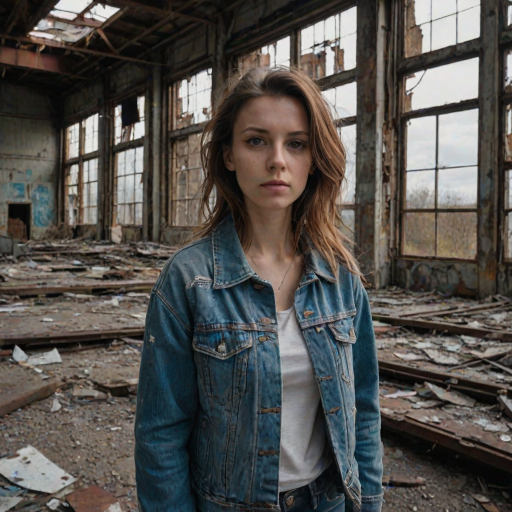 Abandoned industrial complex, rusted metal and broken windows, a woman in a denim jacket explores the forgotten space, her camera slung over her shoulder, ready to capture the eerie beauty.